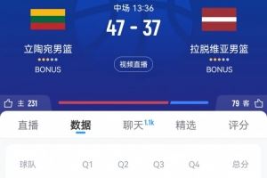 半场战报-立陶宛领先拉脱维亚10分 韦利奇卡14+6 波津13+8